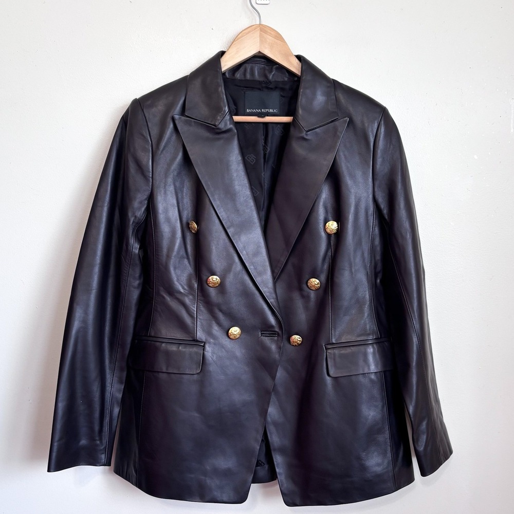 Banana Republic Womens Leather Captains Double Breasted Blazer 8 Black Jacket